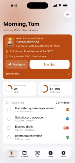 Glovebox's Today screen, listing the day's jobs