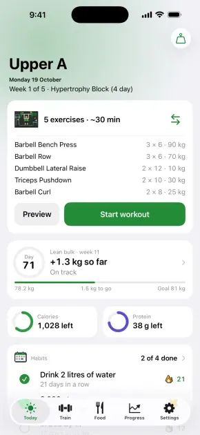 Platesmith's Today screen, with the day's workout and food targets
